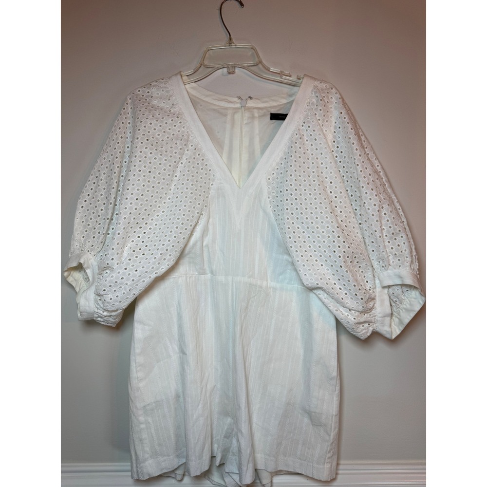 BCBGMAXAZRIA Off White Eyelet Puff Sleeve Romper ERE9206850-112 womens L